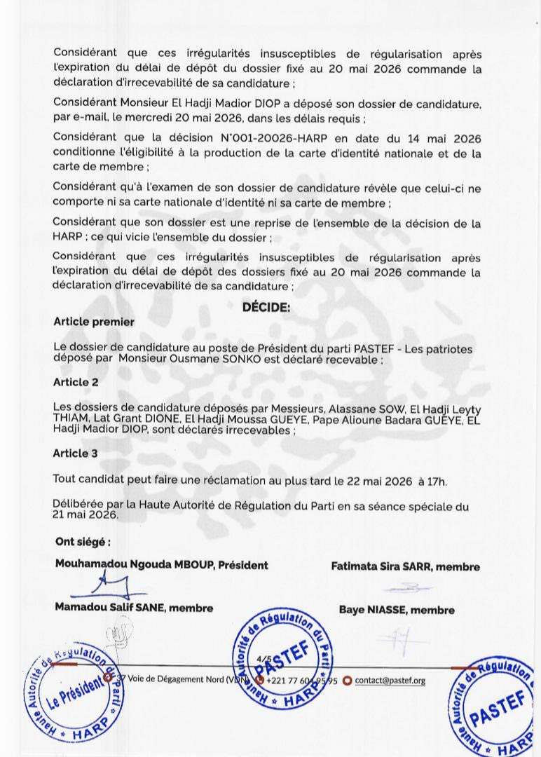 Affiche du congrès Pastef 2026 avec Ousmane Sonko comme seul candidat officiel à la présidence du parti