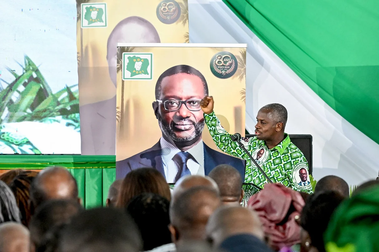 Calice Yapo Yapo, secrétaire exécutif du PDCI, lors des célébrations du 80e anniversaire du parti en avril 2026 à Abidjan. © Issouf SANOGO/AFP
