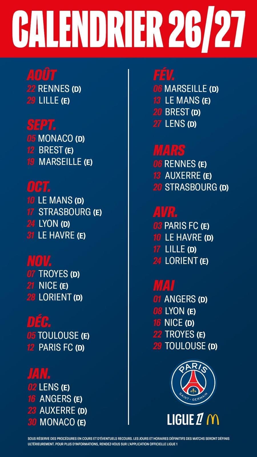 calendrier complet psg
