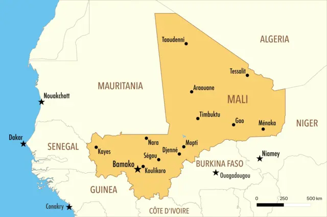 Carte vectorielle du Mali avec ses principales villes et pays voisins.